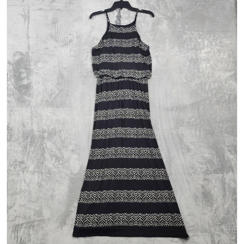 Maurices 24/7 Dress Womens M Black White Striped Halter Maxi Sundress Casual